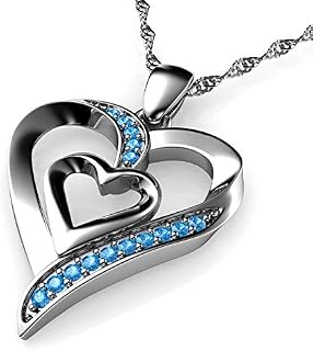 DEPHINI - Heart Necklace - 925 Sterling Silver - Double Love Heart Pendant - Aqua CZ Crystals - Fine Jewellery Woman Necklace - 18" Rhodium Plated Silver Chain - A+ Cubic Zirconia - Gifts for Women