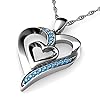 DEPHINI – Collar de corazón de plata de ley 925 – Colgante de corazón doble – Cristales de circonia cúbica Aqua – Collar de mujer de joyería fina Cadena de plata chapada en rodio de 18 pulgadas