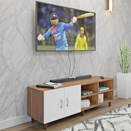 Image of VIKI Modern TV Unit for Living Room | Engineered Wood TV Cabinet with 2 Door Storage & 2 Open Shelves, Entertainment Unit, 140W x 48H x 40D cm | DIY | 1 Year Warranty (Walnut & White)