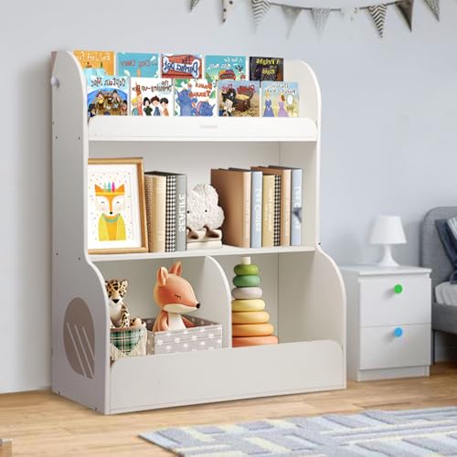 Image of Asweets 2 in 1 Kids Bookshelf & Montessori Toy Storage Cubby, 3 Tiers Children Wooden Bookcase, Fit for Kids Room, Playroom, Kindergarten, Nursery, 31.5''L x 14.6''W x 39.4''H (White)