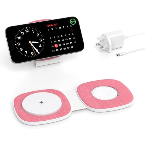2 in 1 Foldable Wireless Charger for MagSafe Charging Station for Apple iPhone 17, Air, 16, 15, 14, 13, 12 Series, for Apple Watch 11/10/9/8/7/6/5/4/3/2/Ultra/SE, for AirPods 3 in 1 (20W PD Adapter)