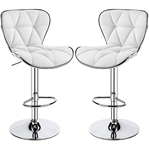 Yaheetech bar stools Set of 2 Adjustable Bar Stools PU Leather Swivel Bar Stools with Shell Back Black Pub Chairs Counter Height for Home Kitchen, White