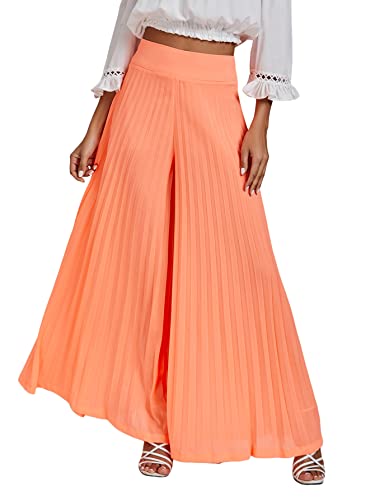 Lyaner Women's Elastic High Waisted Wide Leg Palazzo Pants Loose Casual Pleated Trousers Orange Medium #TOP5