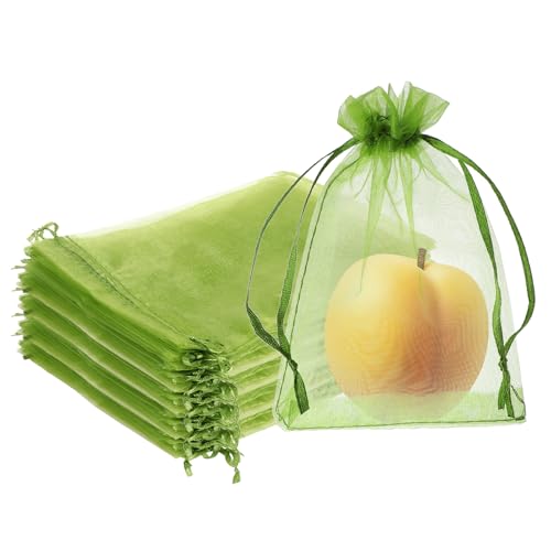 100 Pieces Green Protection Bags with Drawstring - Fruit Netting for Protecting Vegetable Net Cover - Reusable Mesh for Garden Apple Trees (15 * 20cm)