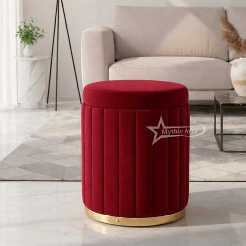 Image of Round Strip Stool with Cushion Foot Rest Office Stool Pouf Ottoman Padded Seat in Living Room - RED