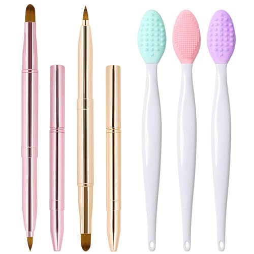 2 Pcs Lip Brushes for Lipstick and 3 Pcs Lip Scrub Brush Set,Retractable Dual-Ended Makeup Brush for Lip Glosses Eyeshadow,Double-Sided Silicone Lip Exfoliator Brush for Dark Lips