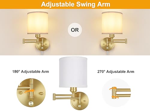 Image of Plug in Wall Sconces with Remote Control, Dimming 10%-100% & Adjustable Colors 2700K-6500K, Hardwire or Plug-in, Swing Arm Wall Lamp with White Fabric Shade, Wall Sconces Set of Two, Gold Finish