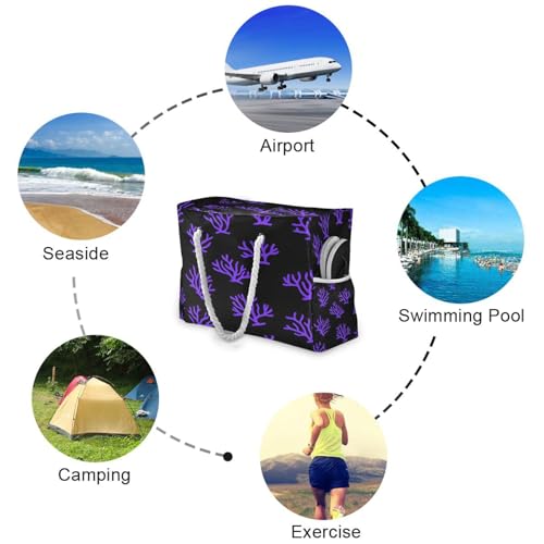 Beach Bag - Large Tote Bags for Women Purple Coral on Black Shoulder Bags Zipper Waterproof Sandproof for Travel Gym Swim Daily4