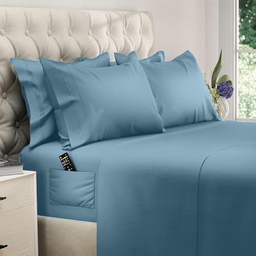 Image of DREAMCARE Full Size Sheets - 6 pcs Breathable Cooling Sheets Full Size Bed | up to 15 inch Deep Pocket Full Sheet Set with Side Pockets - Extra Soft Full Size Bed Sheets - Hotel Luxury Bed Sheets - MnrlBlue