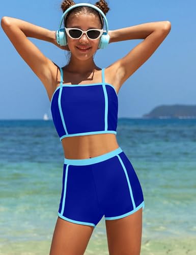 Qaoerde Girls Swimsuit Tankini Set Contrast Trim Sporty Bathing Suit with Swim Shorts Two Piece Girls' Swimwear 7-14Y2