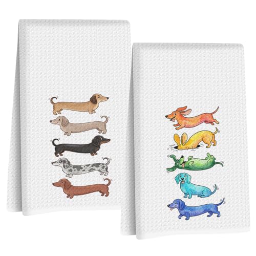 Image of Hanamiya Na 2 Pcs Cute Dachshund Kitchen Towels 24x14 Inch, Dachshund Gifts Reusable Dish Towels for Kitchen Bathroom Decor, Waffle Weave Absorbent Tea Towel, Weiner Dog Gifts for Women Mom Friend
