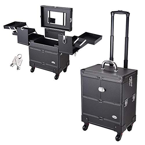 AW Black Rolling Makeup Train Case Artist Beauty Trolley Cosmetic Organizer Box Handle Mirror 4 360-degreed Wheels