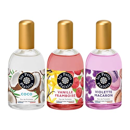 Les Petits Plaisirs - Lote de 3 - Eau de toilette Vainilla Frambuesa, Violeta Macaron y Coco. Perfume mujer, Colonia mujer Golosa & Envolvente. Set de regalo. Made in France. Frasco de 110ml
