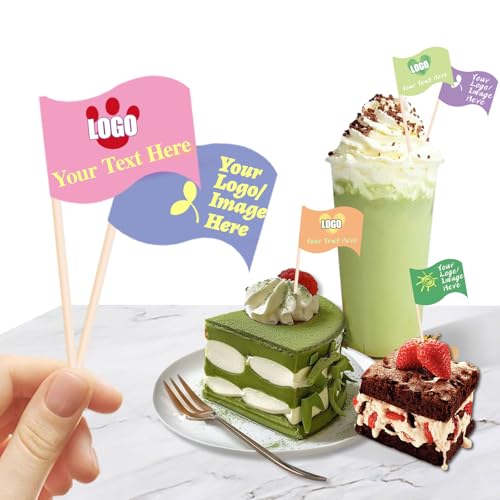 Custom Toothpick Flags with Logo/Photo 100Pcs, Personalized Cheese Markers for
