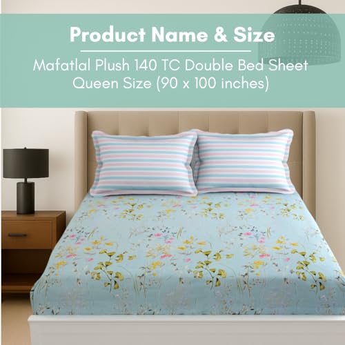 Image of Mafatlal Plush 140 GSM Double Bed Sheet | Lightweight Microfiber | 90 x 100 Inches | Queen Size | Skin-Friendly, Long-Lasting Comfort | Sky Blue