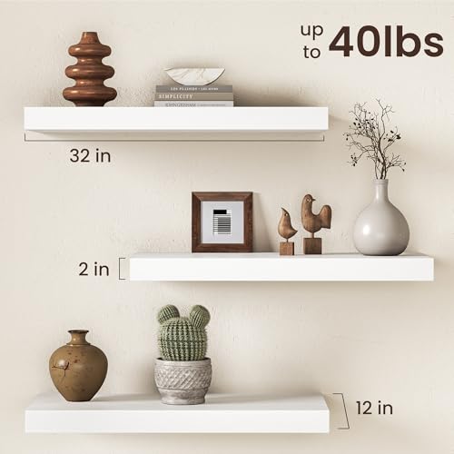 Image of 32Inch White Floating Shelves for Wall, 12 Inch Deep Shelves for Bedroom, Kitchen, Bathroom Wall Mounted, Rustic Wood Floating Shelf with Invisible Brackets for Books, Storage, Decor, 2 Packs