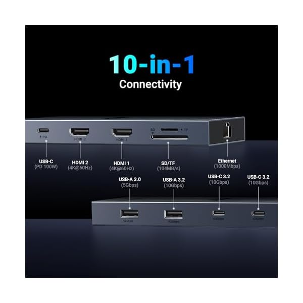UGREEN Revodok Pro 10 in 1 USB C Docking Station Dual 4K@60hz Monitor, USB C Dock with Dual HDMI, USB A&C 10G Hub, SD/TF Card Reader, PD 100W Charging, USB C Hub with Gigabit Ethernet Adapter for Dell - Image 3