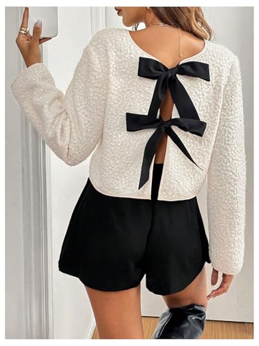 Floerns Women's Cute Bow Long Sleeve Jacket Crewneck Tie Front Coat Outerwear4