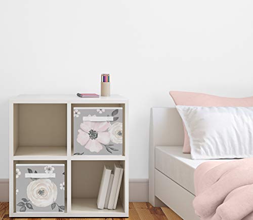 Image of Sweet Jojo Designs Grey Watercolor Floral Foldable Fabric Storage Cube Bins Boxes Organizer Toys Kids Baby Childrens - Set of 2 - Blush Pink Gray and White Shabby Chic Rose Flower Farmhouse