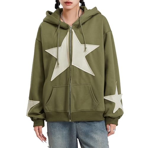 Women Y2K Zip Up Hoodie Star Print Oversized Sweatshirts Fairy Grunge Graphic Hooded Jacket Harajuku Aesthetic E-Girls Streetwear (b-Green, XL)