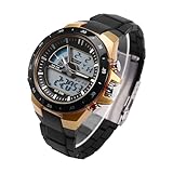 ZJchao Reloj Deportivo Analógico y Digital de Doble Hora para Hombre con Luz Trasera LED Redonda (cinturón Negro Dorado)