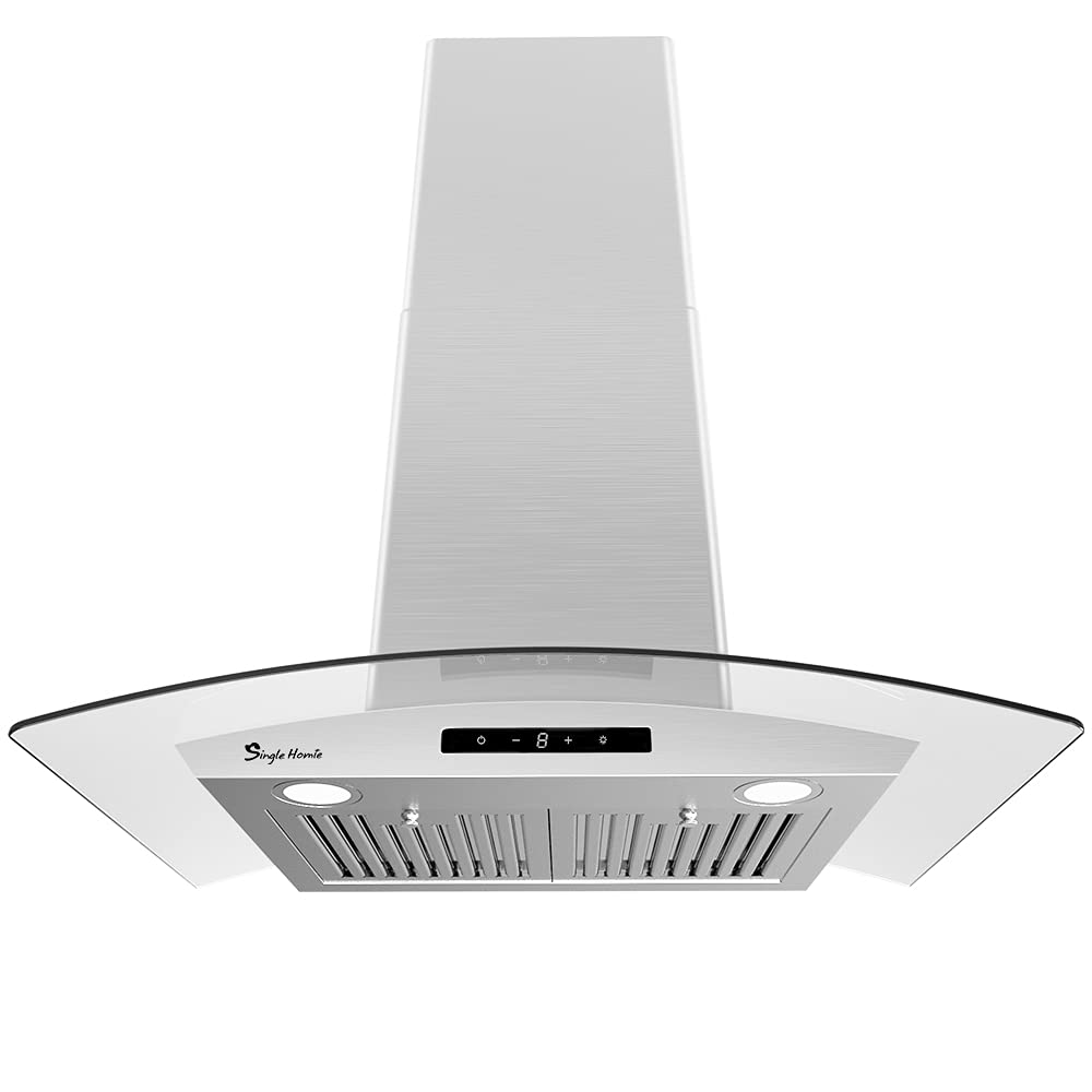 Singlehomie 30 inch Wall Mount Range Hood, 525 CFM Glass Stainless Steel Stove Vent Hoods/3 Speed Fan/Ducted Exhaust Vent/LED Lights, Sensor Touch Control/Convertible Chimney, Aluminum Filter