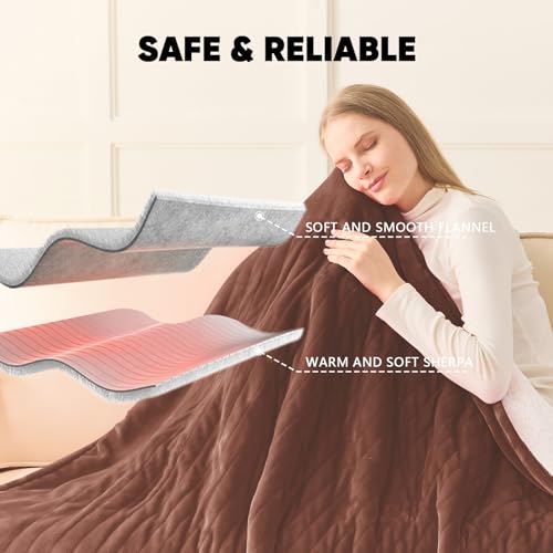 greenoak Heated Blanket Electric Twin 62"X84", Heating Blankets with 10 Levels 8 Hours Auto-Off, Soft Flannel Sherpa Fluffy House Warming Gifts for Grandma Seniors Mom,Mocha