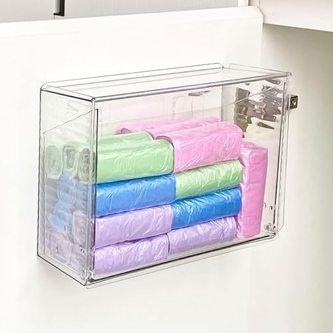 Clear Dishwasher Detergent Pod Holder for Kitchen Cabinet, Plastic Adhesive Under Sink Door Storage and Organizer for Lid, Sponge, Coffee Pods, Large Laundry Pods Dispenser Box with Divider