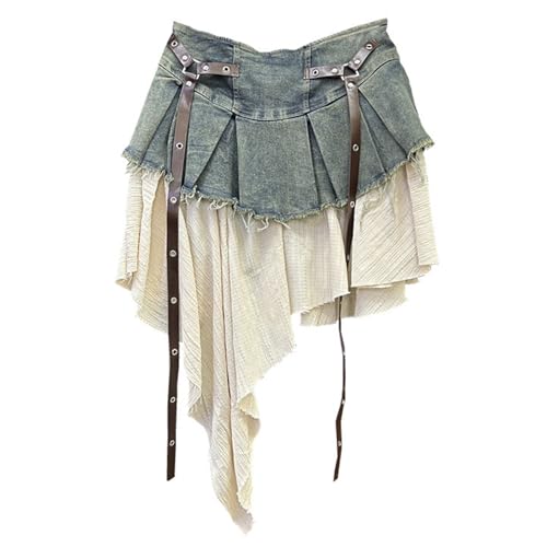 Women's Y2K Denim Patchwork Short Skirt Asymmetrical Hem Pleated A-Line Elastic Waist Casual Skirts