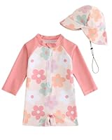 UV Kleidung Baby Badeanzug mit Hut Gr 62-98, Langarm UV Schutzkleidung Schwimmanzug Baby Mädchen Junge, Kleinkind Einteiliger UV Badebekleidung Shirt, Orange Blume 1-2 Jahre/80-86