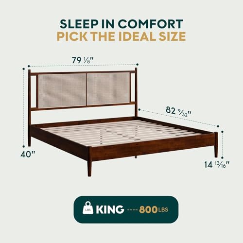 Image of Arman HANDICRAFTS King Size Wooden Bed with Rattan Cane Headboard | Solid Wood Platform Bed Frame with Slats | Mid-Century Modern Bed | No Box Spring Required | Easy Assembly | Brown Finish