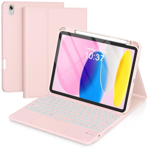 Image of RAYMCRAFT for iPad (A16) 11th /10th Generation Case with Keyboard, 7 Color Backlit, Multi-Touch Trackpad, Folio Case with Pencil Holder, Detachable Wireless Keyboard for iPad (A16) 11th /10th, Pink