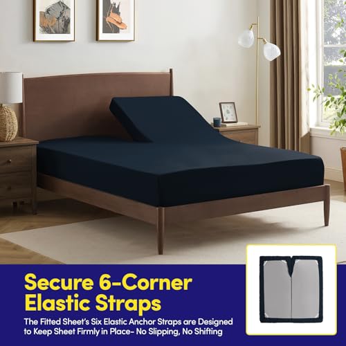 Image of Split Head King Sheets Set for Adjustable Beds 4 Piece Flex Top Bed Sheets - Deep Pocket Split Top Fitted Sheet with Built-in Corner Straps, Luxury Soft Cooling Bedding, Wrinkle Resistant, Navy