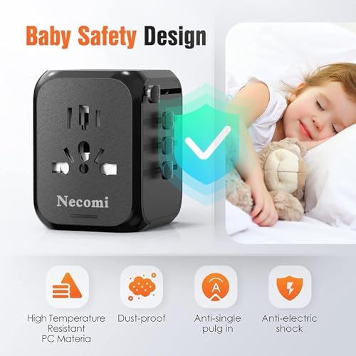 شاحن سفر عالمي من نيكومي، محول طاقة وشاحن دولي، شاحن حائط ومحول بقابس تيار متردد مع 3 USB و1USB C يصلح في الولايات المتحدة واوروبا والمملكة المتحدة واستراليا (محول سفر مع حقيبة تخزين، أسود، 15W-3A1C)