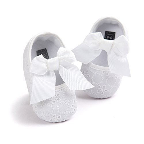 LACOFIA Scarpe Ballerine da Battesimo Bianche Suola Morbida Antiscivolo da Primi Passi per Bambina con Bavaglino Ricamato Neonato 3-6 Mesi