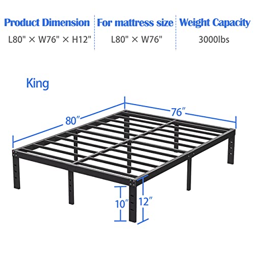 Woozuro King Bed Frame, 12 Inch Heavy Duty Metal Platform Bed Frame No Box Spring Needed, Reinforced Steel Slats Support Mattress Foundation, Easy Assembly, Noise Free, Black #TOP2