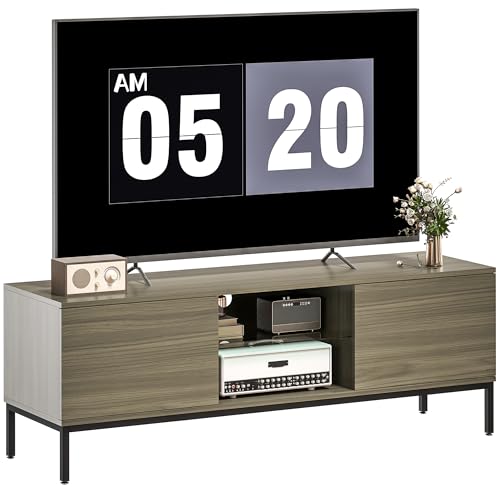 HOMCOM Mueble de TV Moderno Mueble de TV para Salón con 2 Compartimentos Abiertos 2 Puertas Estante de Cristal Ajustable y 2 Orificios para Cables para Televisión hasta 60 Pulgadas 140x40x49,5 cm Gris