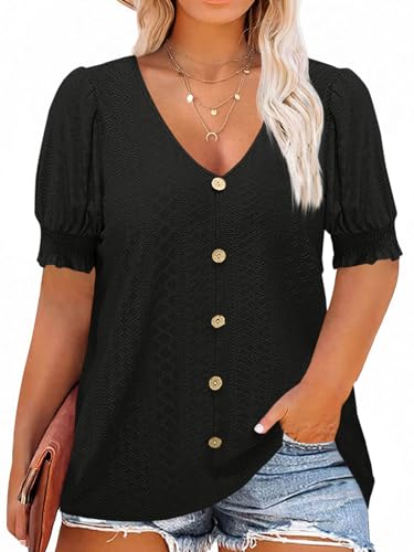 Beautife Womens Plus Size Tunic Tops V Neck Short Puff Sleeve Tops Casual Summer Eyelet Blouses