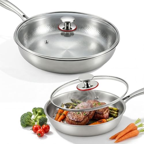 LemonRoad 2 Pcs 10.24' 11.81' Titanium Pan Set, Hammered Titanium Pan with Lid for Cooking Durable...