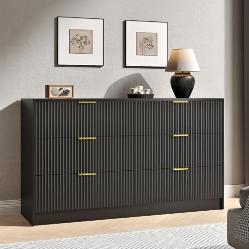Image of Black Dresser with 6 Deep Drawers, 55 inch Wide Fluted Dresser for Bedroom with Gold Handle, Modern Chest of Drawer for Closet, Bedroom, Living Room, Black