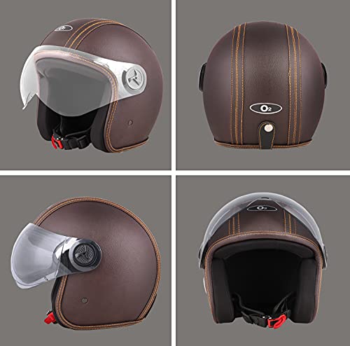 Image of O2 Star Leather Unisex Open Face Helmet with Scratch-Resistant Transparent Visor & Adjustable Strap for Bike Scooty Ride (Brown- M)