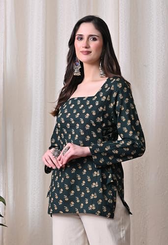 Image of MEERA FAB Women's Floral Printed Cotton Short Kurta Square Neck | Floral Printed Kurta with Full Sleeves | Short Kurti for Women