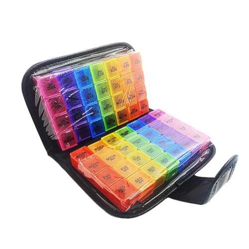 Tablettenbox 14 Tage 4 Fächer, Morgens Mittags Abends Große Medikamentenbox Wochendosierer, Tragbar Mehrfarbig Pillenbox mit Einfachem Offenem Design (14 Tage 4 Fächer)