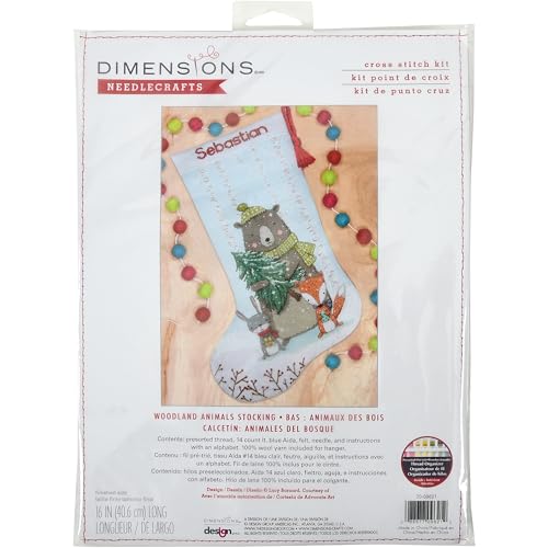 Image of Dimensions 70-09621 Woodland Animals Stocking Counted Cross Stitch Kit, 16 inch Long, 14 Cnt Light Blue Aida, 6 Pieces