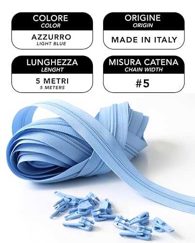 IPEA 5 Metre Blue Continuous Chain Zipper + 15 Metal Sliders, Made in Italy, Chain Size #5, Nylon Zippers, Zip - Image 2