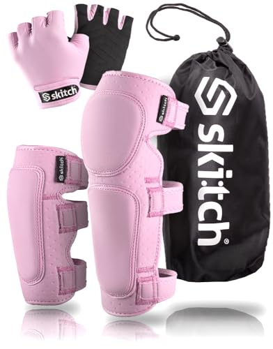 SKITCH Skateboard Protective Safety Gear Set for Kids Teens | Premium Lycra Sport Knee Pads + Elbow Pads + Padded Gloves + Carry Bag | Scooter Roller Skate Inline Skating Rollerblading | Rosy Pink (S)