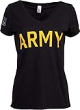 Ann Arbor T-shirt Co. Army Women's V-Neck | U.S. Military Infantry Sleeve Flag Female Soldier T-Shirt Wife Mom Top, Black- L