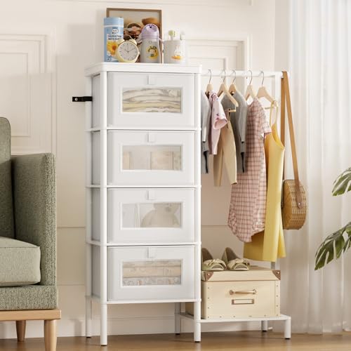 Image of Bamboo Dresser with Hanging Rack, 4-Drawer Small Closet Organizer for Bedroom, Tall Storage Tower with Clothes Rack, Natural Wood 41.4 inchH x 31.3 inchW-Space-Saving Design, Easy Assembly (white)