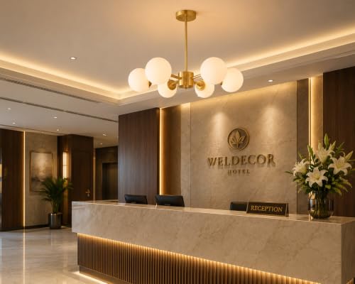 Image of Weldecor Modern Globe Chandelier, 6-Light Ceiling Light Fixture, Brass Gold with White Glass Shades