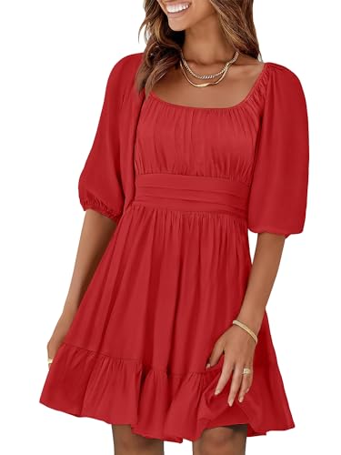 Image of ANRABESS Womens Lantern Short Sleeve Square Neck Casual Flowy Mini Dresses 2026 Holiday Summer Spring Beach Vacation Clothes